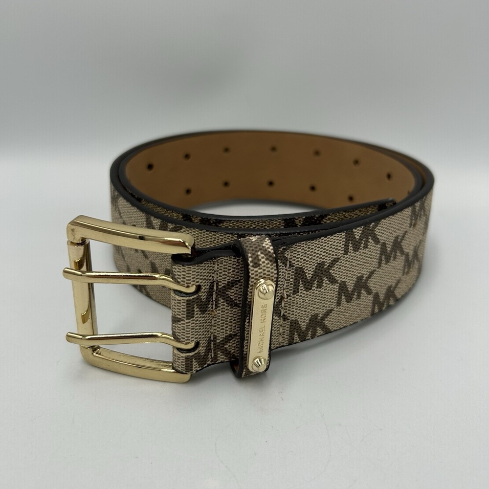 Michael Kors Belt Womens MK Logo Beige Brown Gold Buckle 38in